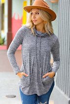 Be Your Best Grey Marled Cowl Neck Pocketed Top - £18.14 GBP
