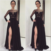 A-line Black lace long sleeve Slit prom dress,lace see-through long evening - £94.44 GBP