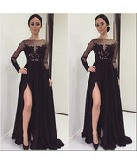 A-line Black lace long sleeve Slit prom dress,lace see-through long evening - $119.90