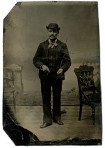 CIRCA 1860&#39;S 1/6 Plate TINTYPE Man With Mustache in Hat Holding Cigar and Cane - £18.25 GBP