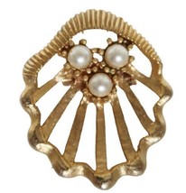Vintage gold tone &amp; faux pearl openwork shell brooch - £15.94 GBP