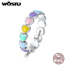 WOSTU New Arrival 925 Sterling Silver Multi-Color Rainbow Heart Finger Rings For - $17.62