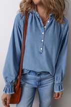 Sky Blue Frilled Raw Hem Half Buttoned Denim Top - $38.39