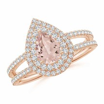 ANGARA Split Shank Pear Morganite and Diamond Double Halo Ring - £990.95 GBP