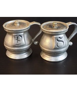 Vintage PEWTER SALT AND PEPPER SHAKERS 3&quot; Tall Mug Shaped Dispensers Mar... - $22.72 CAD