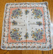 Vintage White Hankie Handkerchief Floral Print Purple Pink Crochet Edging 12&quot; - £7.46 GBP
