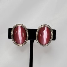 Vintage Oval Pink Moonstone Cats Eye Clip-On Earrings With Silver-Tone R... - £14.54 GBP