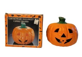 Vintage Halloween Earthenware Pumpkin Jack o&#39; Lantern Candle Tea Light Holder - £13.62 GBP