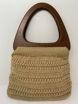 Vtg Large Macramé Purse Boho Handbag Bermuda Bag Triangle Wood Handles Excellent - £54.23 GBP
