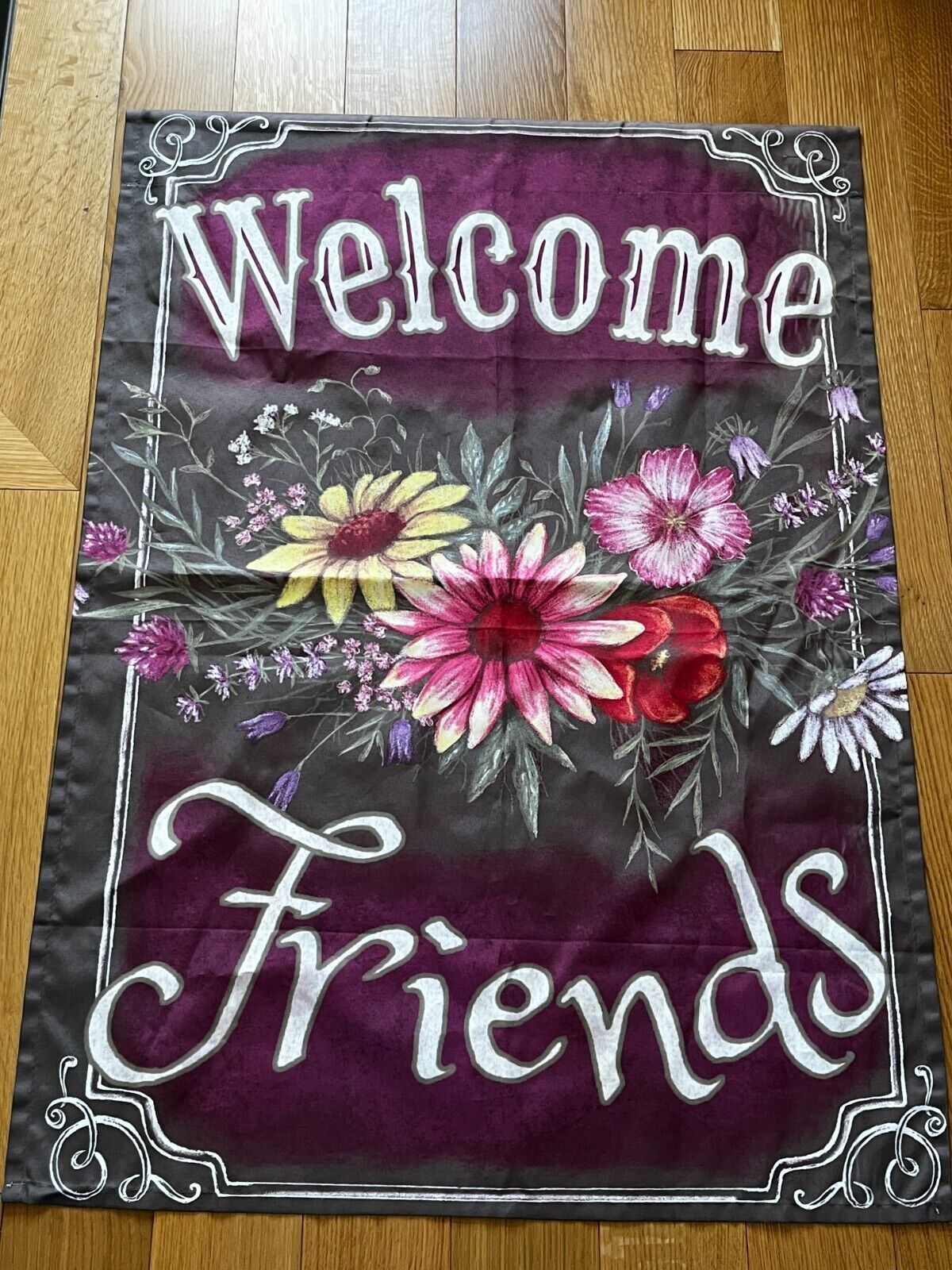 Primary image for Purple & Green w Spring Wild Flower Bouquet WELCOME FRIENDS Nylon Outdoor Banner