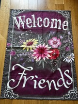 Purple &amp; Green w Spring Wild Flower Bouquet WELCOME FRIENDS Nylon Outdoor Banner - £9.02 GBP
