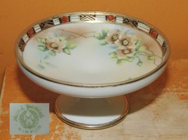 Hand Painted Nippon 4&quot; Low Sherbet footed dish Gold Accents Moriage dogw... - $20.22 CAD