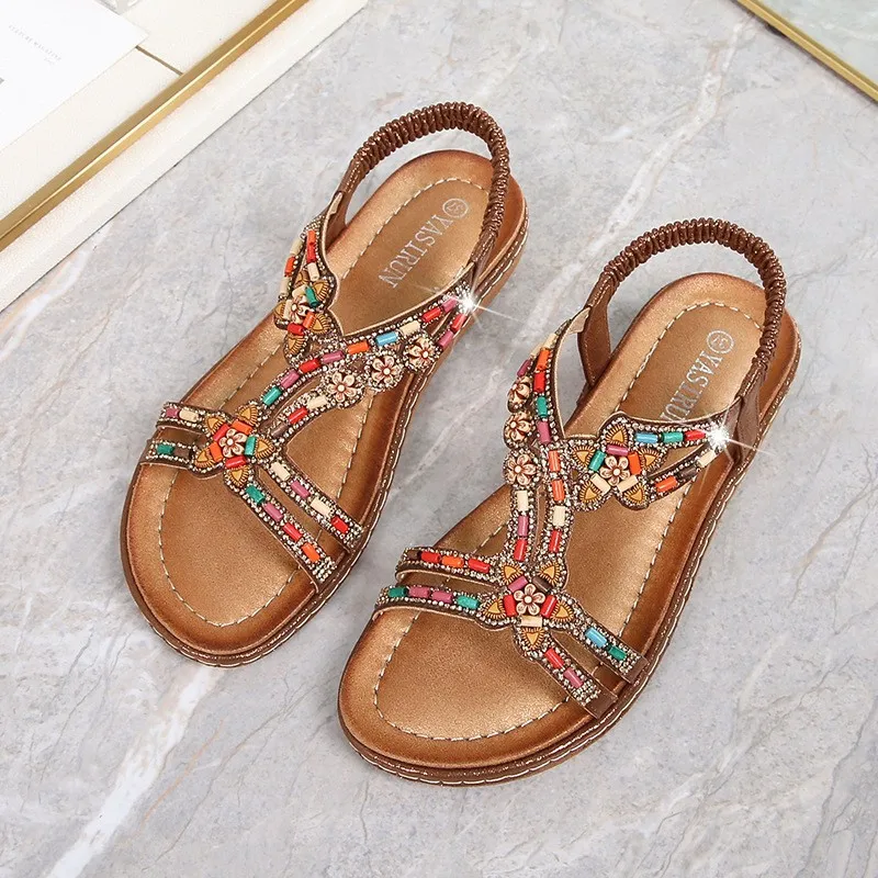 2024 New Bohemian Fashion en Beads Rhinestones Wee Comfortable Large Size Sandal - £66.83 GBP