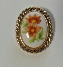 Signed W. Germany Gold-tone Floral Ceramic Scarf Clip - $16.82