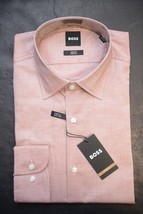 HUGO BOSS Uomo Hank Soft Slim Fit Media Rosso Cotone Elastico Camicia 42 16.5 - £51.58 GBP
