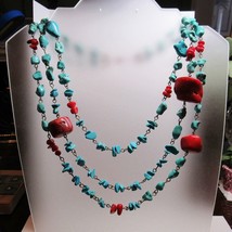Blue Turquoise Red Coral Nugget 3 Strand Adjustable Length Western Necklace - £48.26 GBP