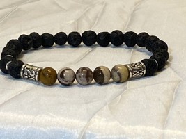 Brown Zebra Jasper and Lava Bead Stretch Bracelet with Silver-tone Spacer 8&quot; - £11.73 GBP