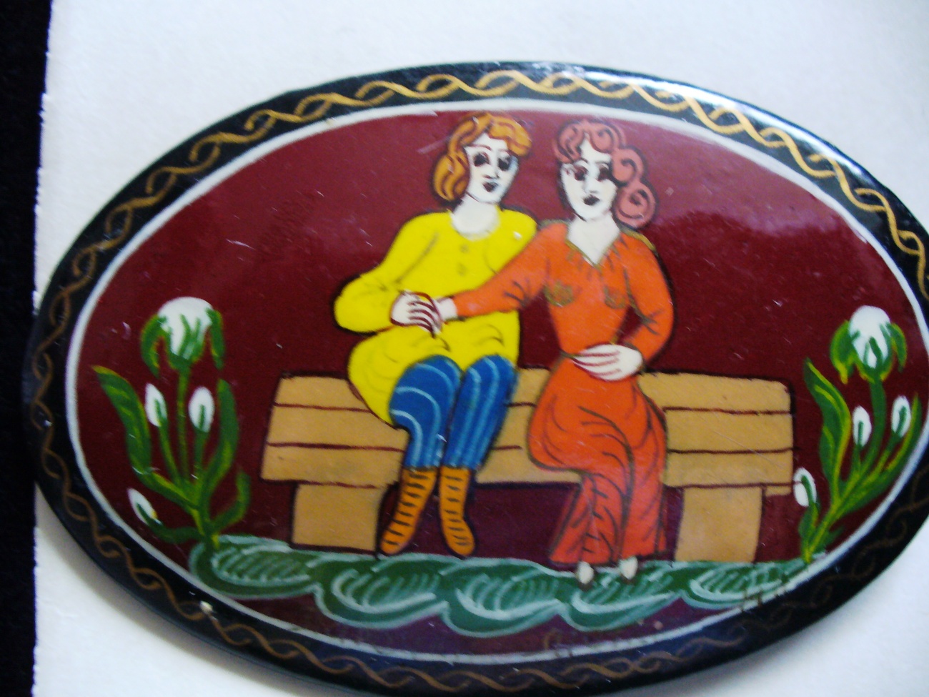 RussKiia Hand Painted Couple, Wooden Brooch - $9.60
