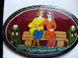 RussKiia Hand Painted Couple, Wooden Brooch - $9.60