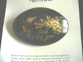 Hand Painted Black &amp; Gold Flowers Wooden Brooch - $8.00