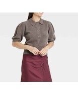 Women’s A New Day Short Puff Sleeve Polo Sweater Brown Medium New With Tags - $23.23 CAD
