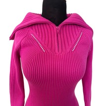 Cache Pink Knit Exaggerated Zipper Collar Swarovski Crystal Top Sweater ... - $55.20