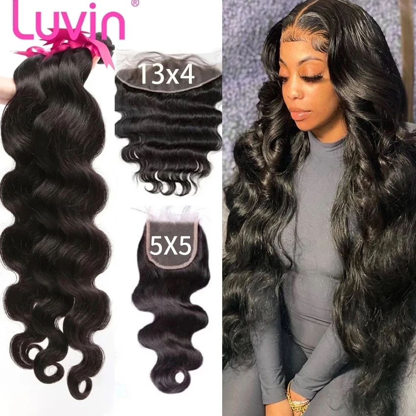 Luvin 28 30 32 Inch Body Wave Bundles With 13x4 Frontal Brazilian Remy H... - $86.00+