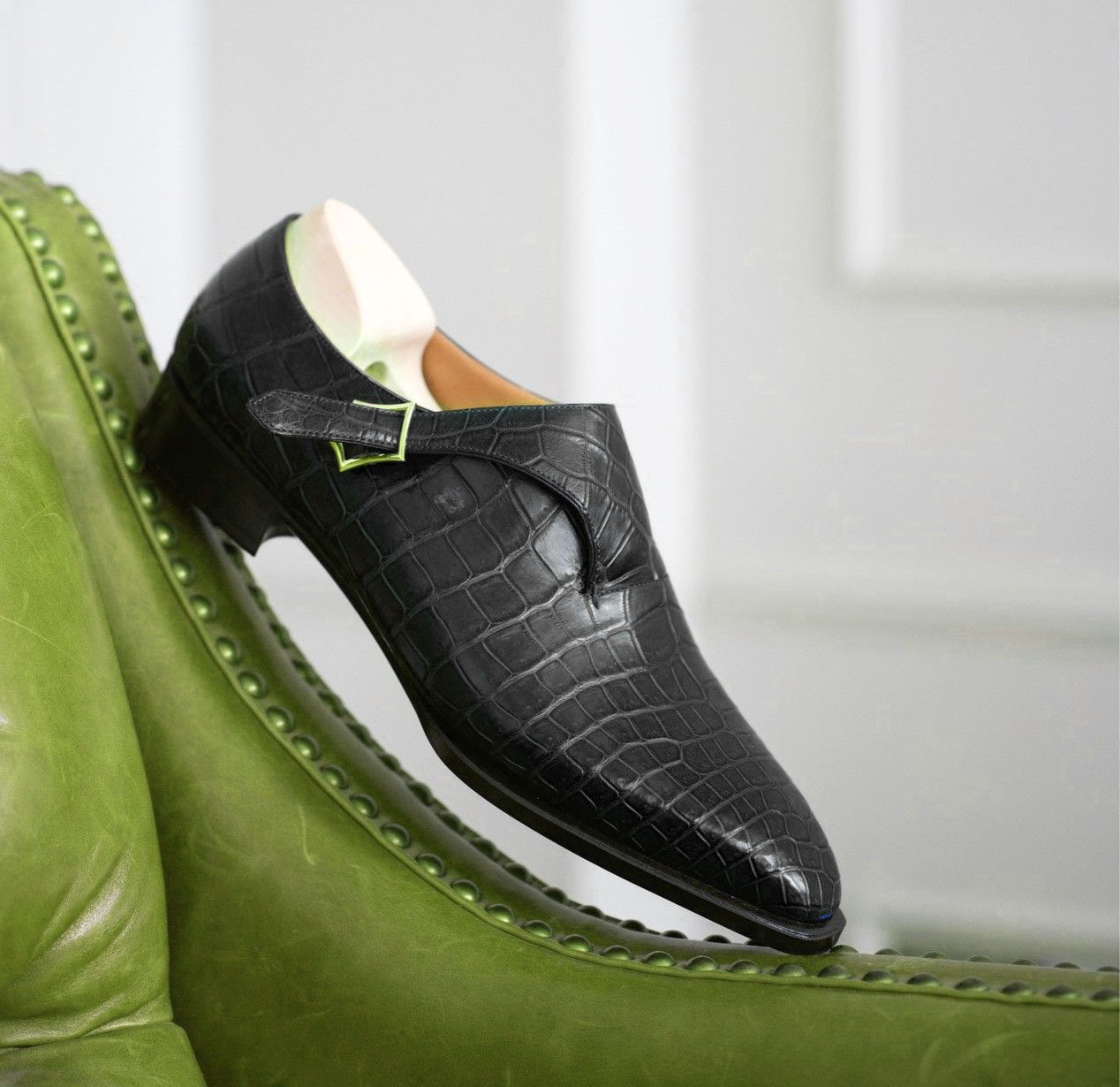 NEW Handmade Leather Shoes Monk Strep Crocodile Texture Leather Men Black Shoes