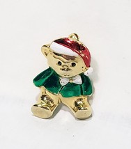 Teddy Bear Santa Hat Gold Tone Pin Brooch 1.5&quot; Vintage Red Green Christmas - £11.67 GBP