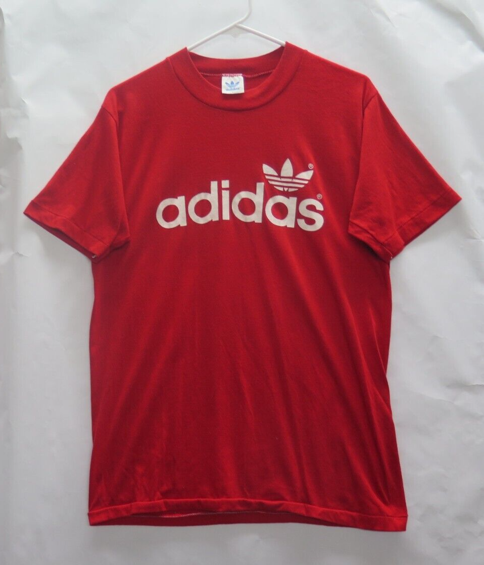 Primary image for Vtg 70s 80s ADIDAS TREFOIL SPELLOUT LOGO 2 SIDED RED 50/50 USA MADE T Shirt L