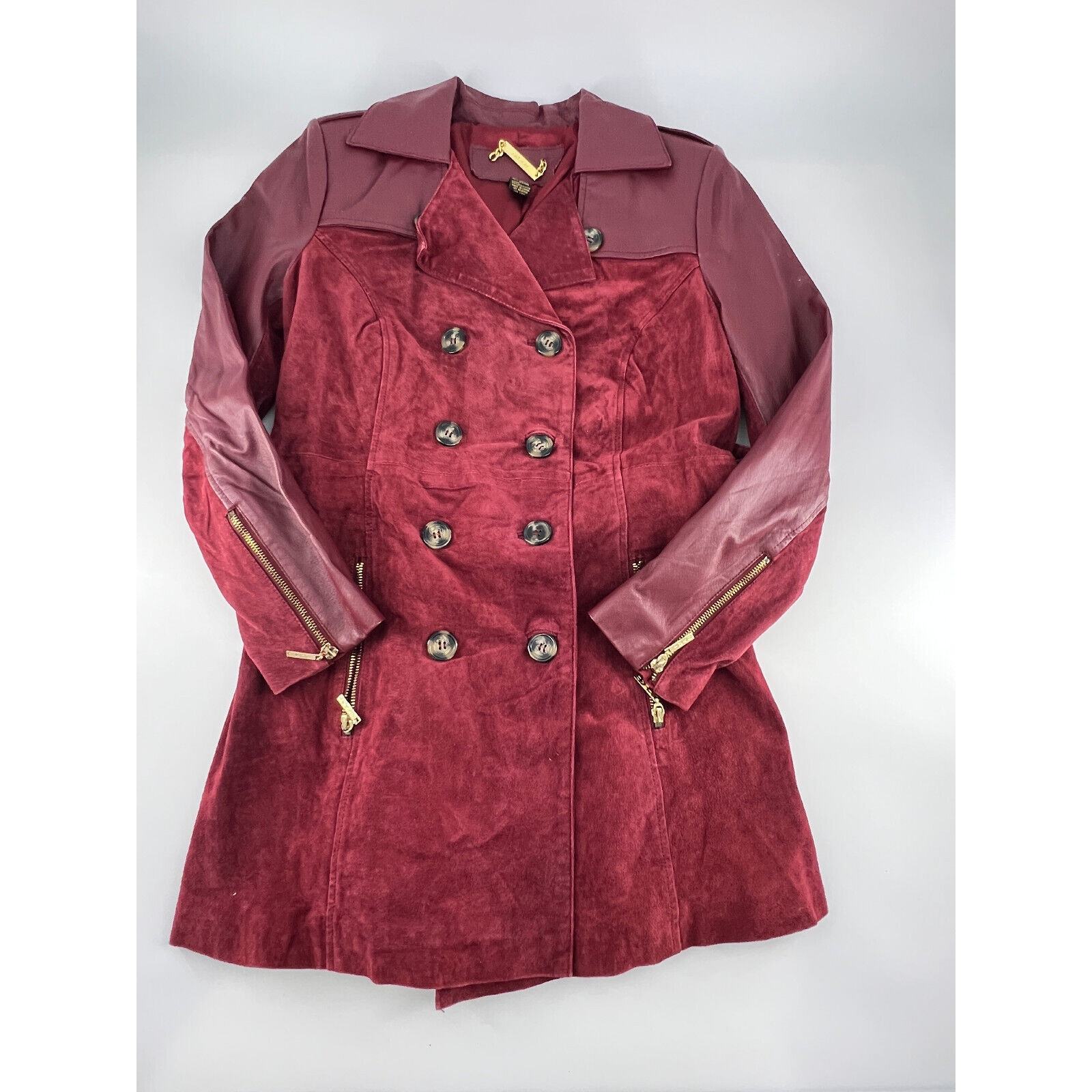 Vintage Iman Trench Coat Womens Small Red Burgundy Leather Suede Jacket - $119.00