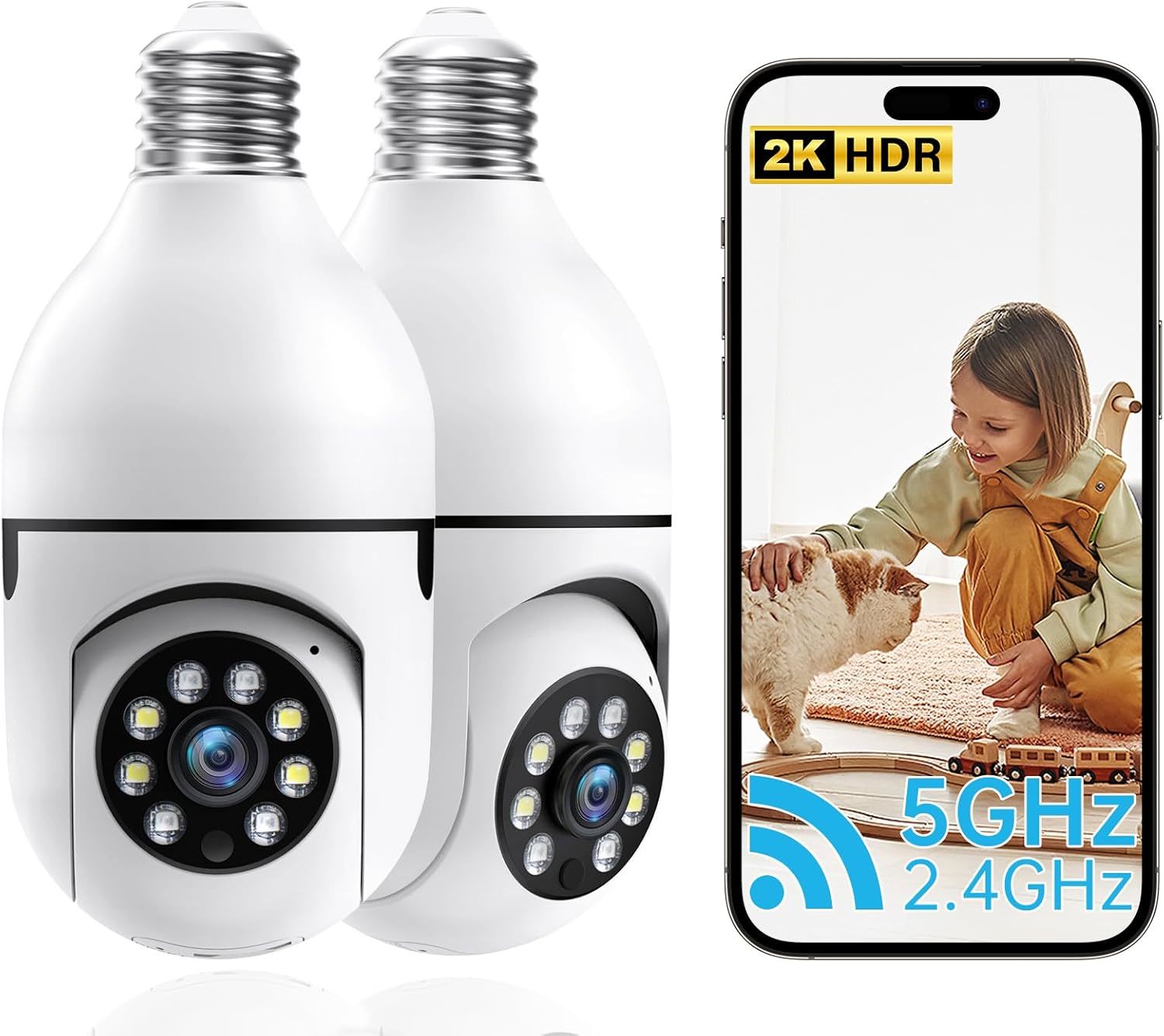 Light Bulb Security Camera, 2.4G 5GHz WiFi Cameras 2, White 2 Pack  - $80.09
