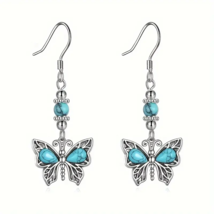 Boho Silver w/ Turquoise Butterfly Drop Dangle Hook Earrings - New - £11.76 GBP