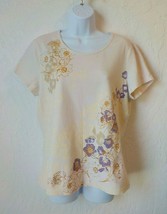 Gloria Vanderbilt Women Large Beige T-Shirt Floral Gold Purple Print Short Sleev - £10.11 GBP