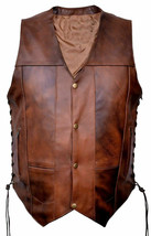 Mens Biker Moto Rider Vintage Distressed Brown Leather Vest Motorcycle Top Upper - £77.08 GBP