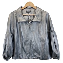 NEW St. John Womens Size L Pearlized Leather Jacket Steel Gray Drop Shou... - £540.11 GBP