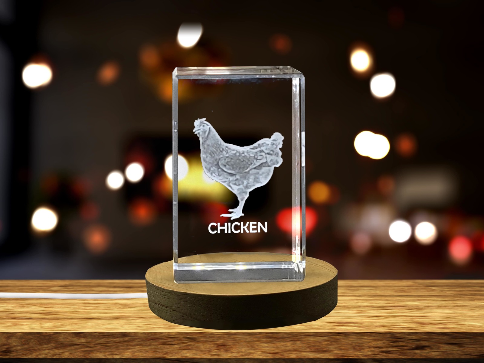 LED Base included | Unique 3D Engraved Crystal of a Majestic Chicken - Perfect