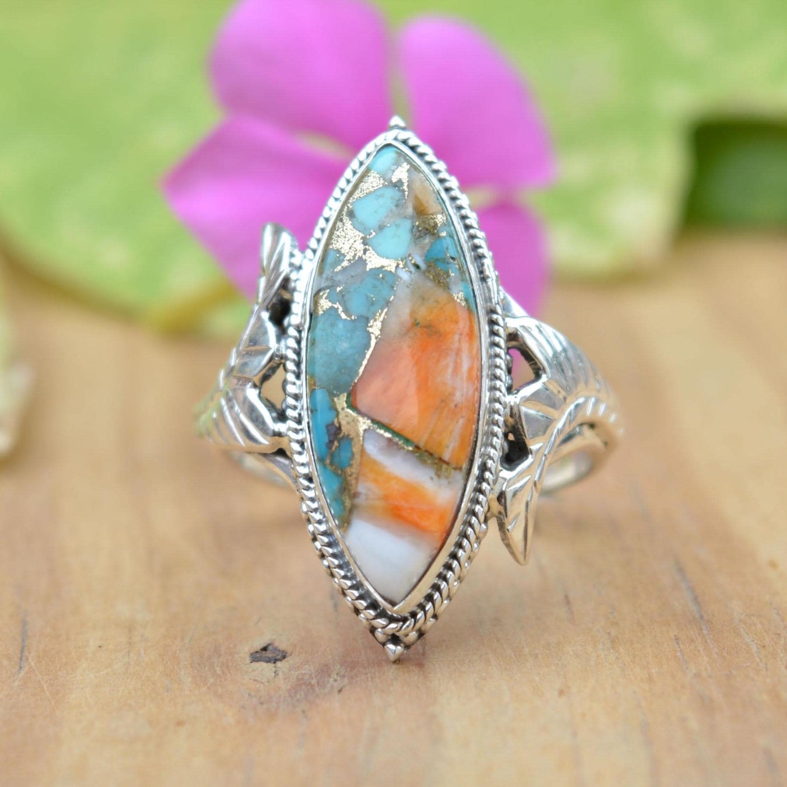 Marquise Oyster Cooper turquoise Ring Silver Leaf Ring Women Jewelry Han... - $65.00