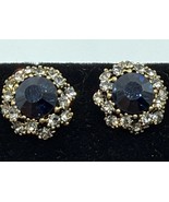 Gold Tone Cluster Earrings Blue Faceted Center Clear Rhinestones Vintage... - $9.99