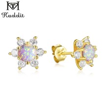 Kuololit Created Opal Flower Geometric Stud Earrings for Women Girls Solid 925 S - £18.76 GBP