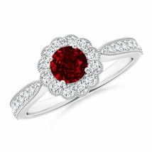 ANGARA 5mm Natural Ruby Milgrain Ring with Diamond Halo in Sterling Silver - £559.59 GBP+