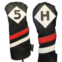 Majek Retro Golf #5 &amp; H Wood &amp; Hybrid Headcover Black Red White Leather Style - £20.45 GBP