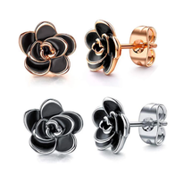 2PC High-Quality Stainless-Steel Black Rose Stud Earrings - FAST SHIPPING! - £7.98 GBP