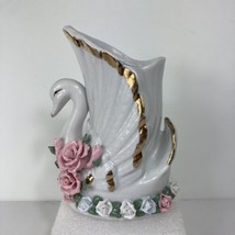 Capodimonte Wall Pocket Flower Vase White Swan Gold Trim Pink Blue Roses... - $29.69