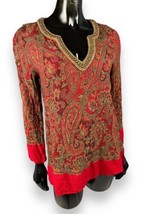Soft Surroundings Beaded Red Paisley Tapestry Print Holiday Blouse V-Nec... - £25.31 GBP