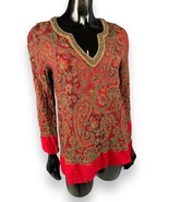 Soft Surroundings Beaded Red Paisley Tapestry Print Holiday Blouse V-Nec... - £25.31 GBP