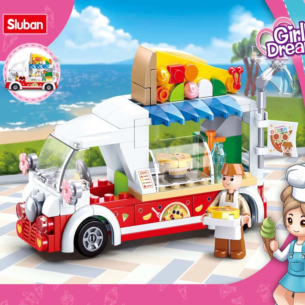 Sluban Building Block Toys Girls Dream Pink Series Stall Car B0993D Pizza Truck - £19.28 GBP