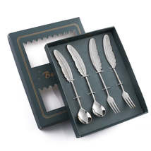 304 Stainless Steel Feather Spoon Fork Literary Tableware,Style: 4 In 1 True Col - £14.41 GBP