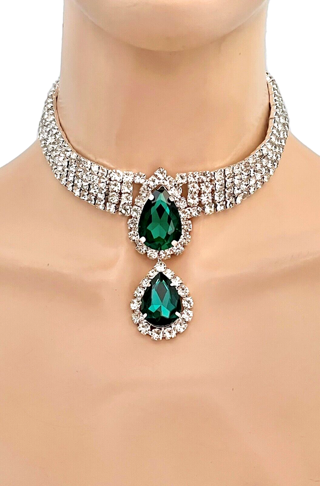 Forest Green Crystals Evening Choker Necklace Wedding Guest Pageant Stage - $26.60