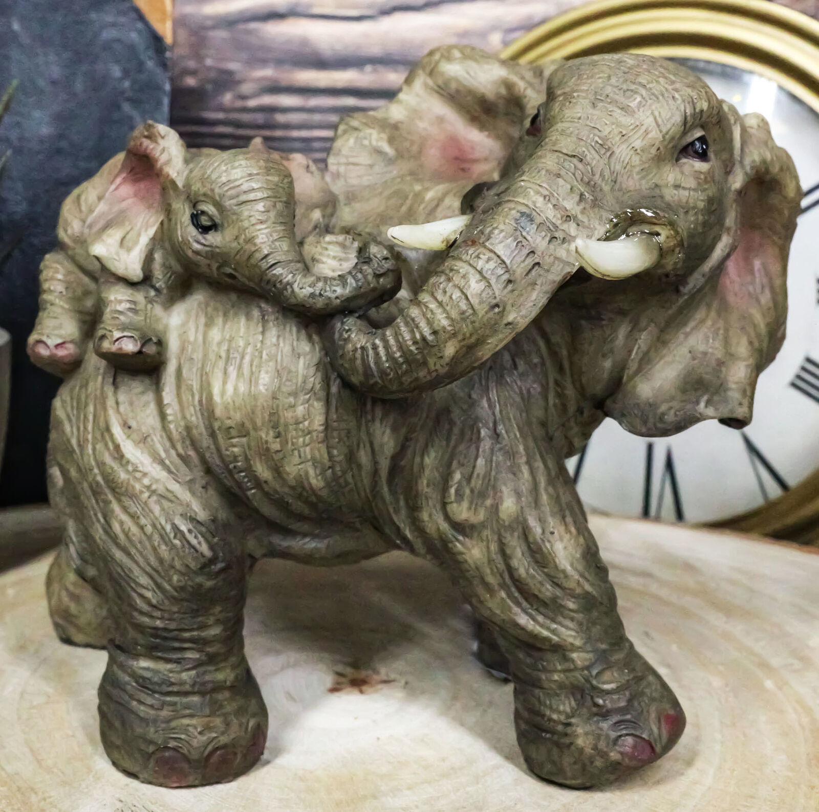 Small Wildlife Elephant Father Piggybacking Playful Calf Figurine 5.25&quot;L - $18.99